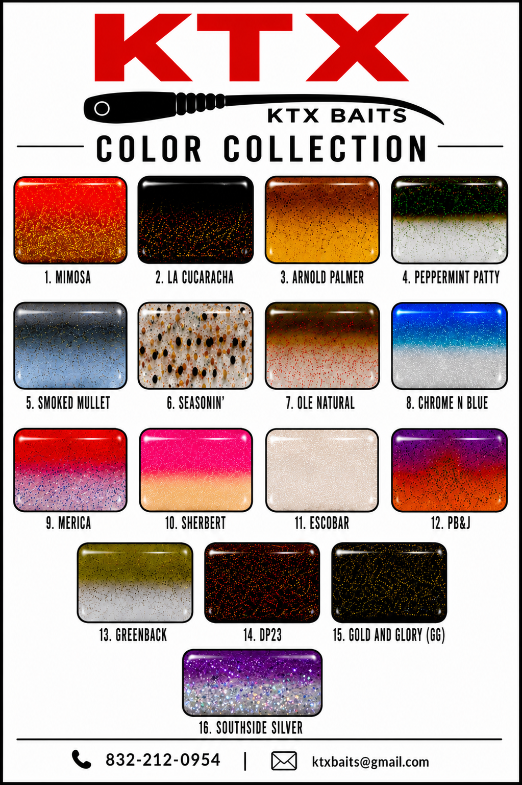 KTX Baits Gulf Coast color chart — full lineup of available colorways